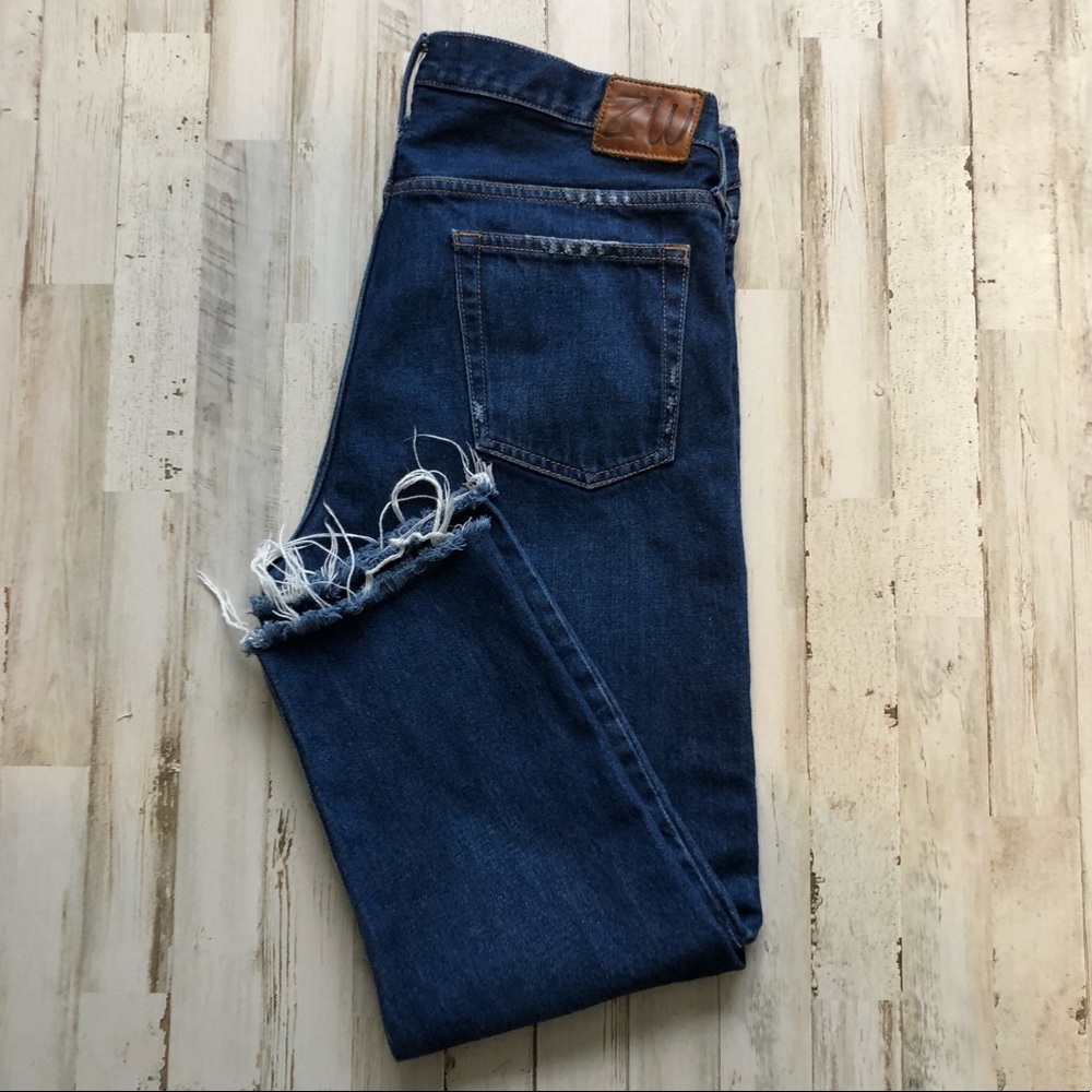 Zara Woman Cropped Button Fly High Rise Blue Jeans Raw Hem Size 10